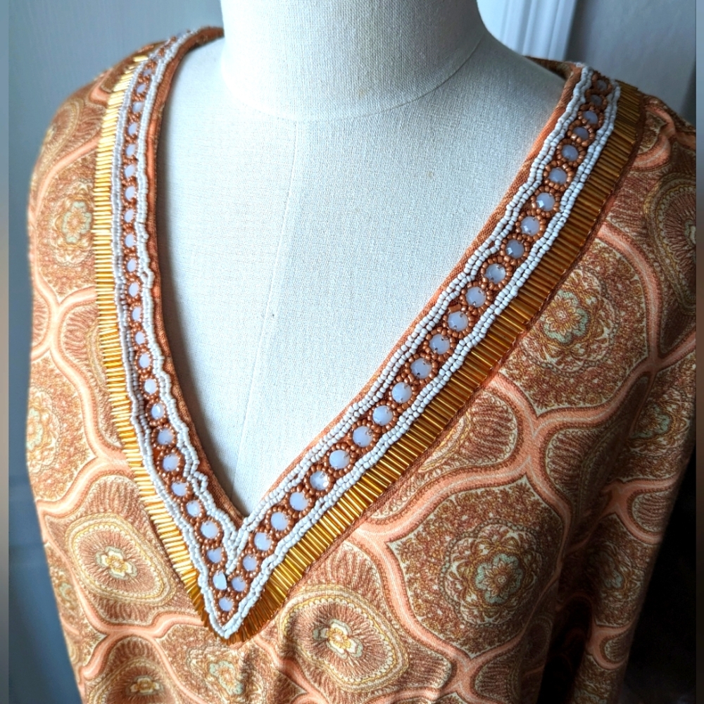 NWT Soft Surroundings Orange Melon Print with Beaded V-Neckline - Picture 2 of 8